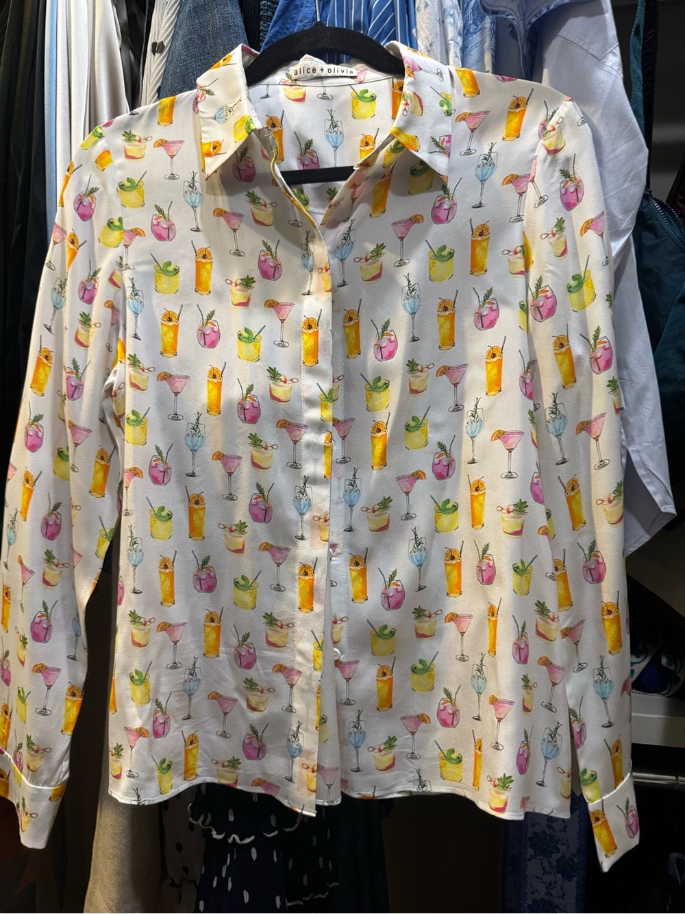 Alice + Olivia WILLA White Cocktail Print Button-Down Shirt